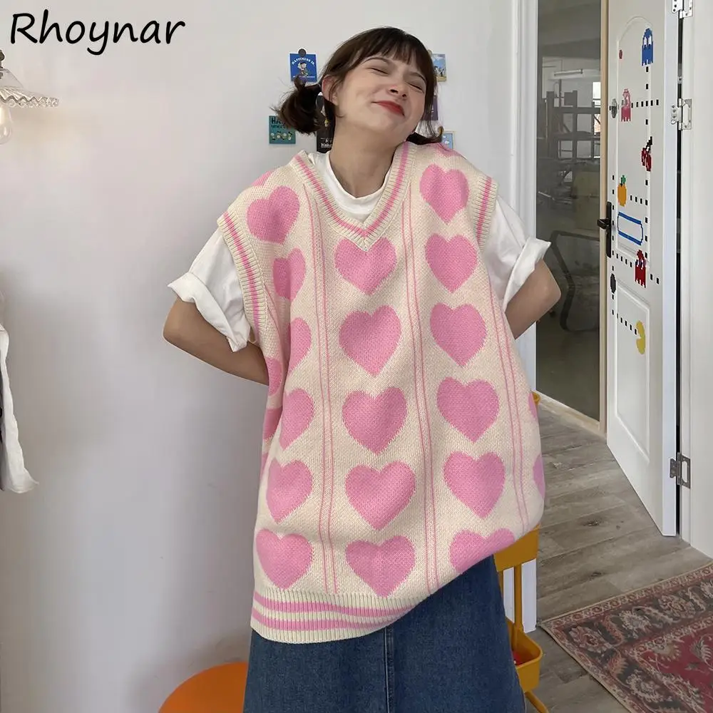 

Sweater Vest Women Love-print Sweet Cute Preppy Style Loose Sleeveless Students Girl Spring Female Daily Fashion Kawaii Chic Y2k