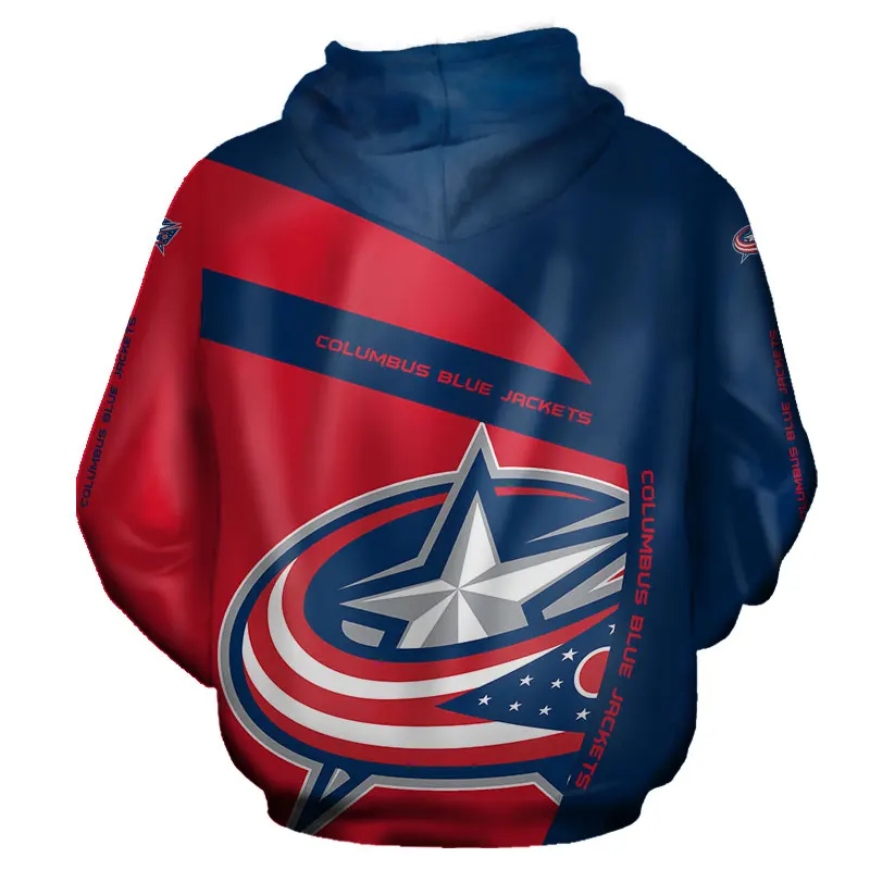

Columbus Men's Fashion 3D Hoodie Blue red stitching design silver five-pointed star print Blue Jackets Cool outdoor sweatshirt