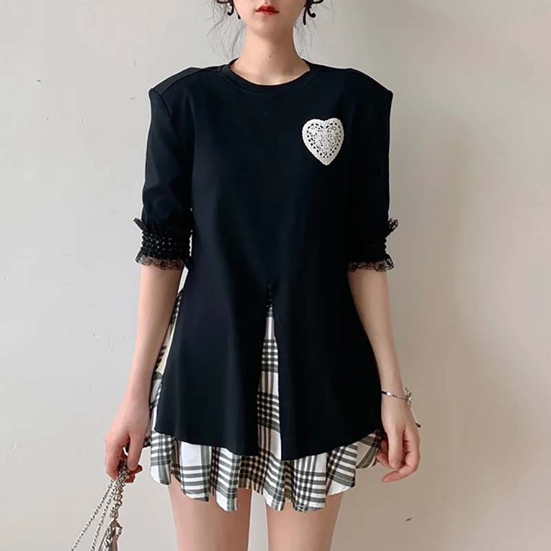 

SHENGPALAE Contrast Color Love Split Tops Women's Summer 2021 New Round Neck Loose Short Sleeve Lace T-shirt Female Tide 5E1771