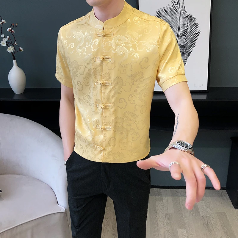 

Chinese Style Mens Dress Shirts 2020 Summer Casual Slim Fit Streetwear Social Shirt Night Club Party Clothing Camisa Masculina