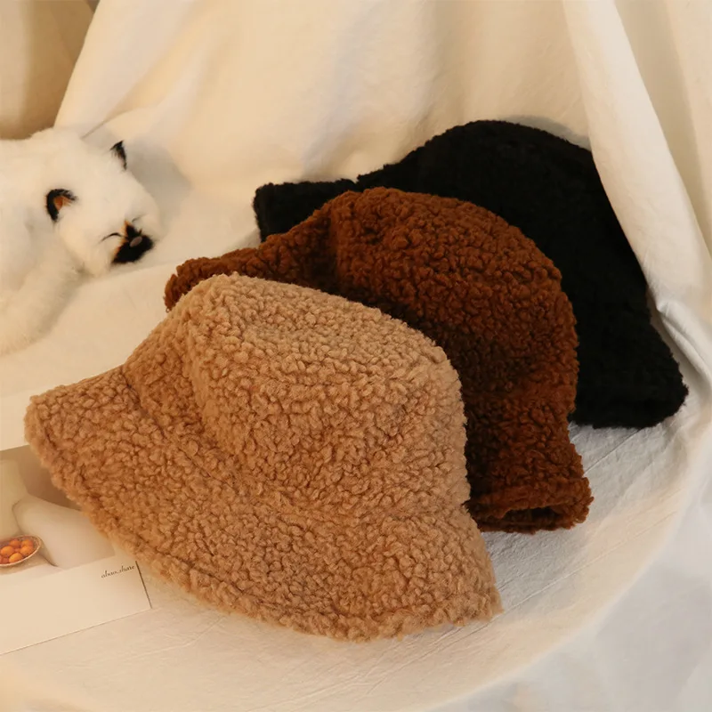 

1Pcs Solid Color Artificial Fur Fisherman Hat Comfortable Cute Keep Warm Super Quality Bucket Hats for Autumn Winter Unisex