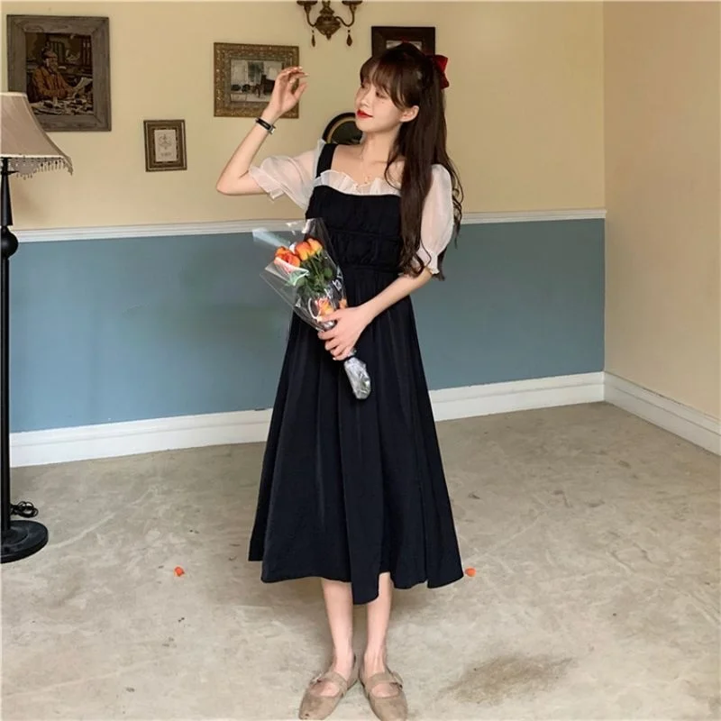 

Dresses Women Patchwork Ruffles Ladies Summer Thin 90s Vintage Puff Sleeve All-match Fashion Party Vestido De Mujer Midi Casual