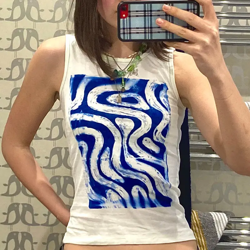 

2021 Summer Vintage Casual Y2K Aesthetic Wave Printed Round Neck Skinny Sleeveless Cotton Women Streetwear Sport Tank Crop Top