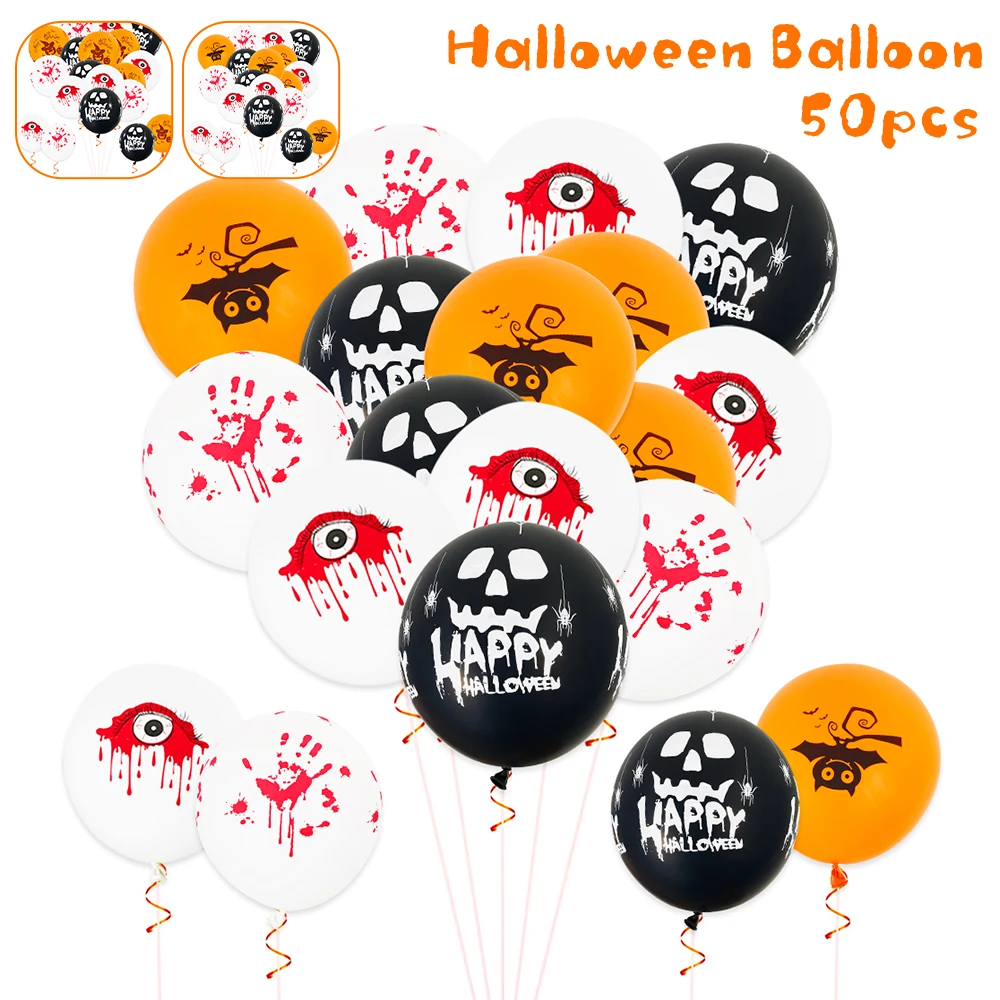 

50Pcs Halloween Balloons 12 Inch Black Orange Latex Balloons Blood Eyes Skull Pumpkin Bat Balloons Giant Halloween Party Decor