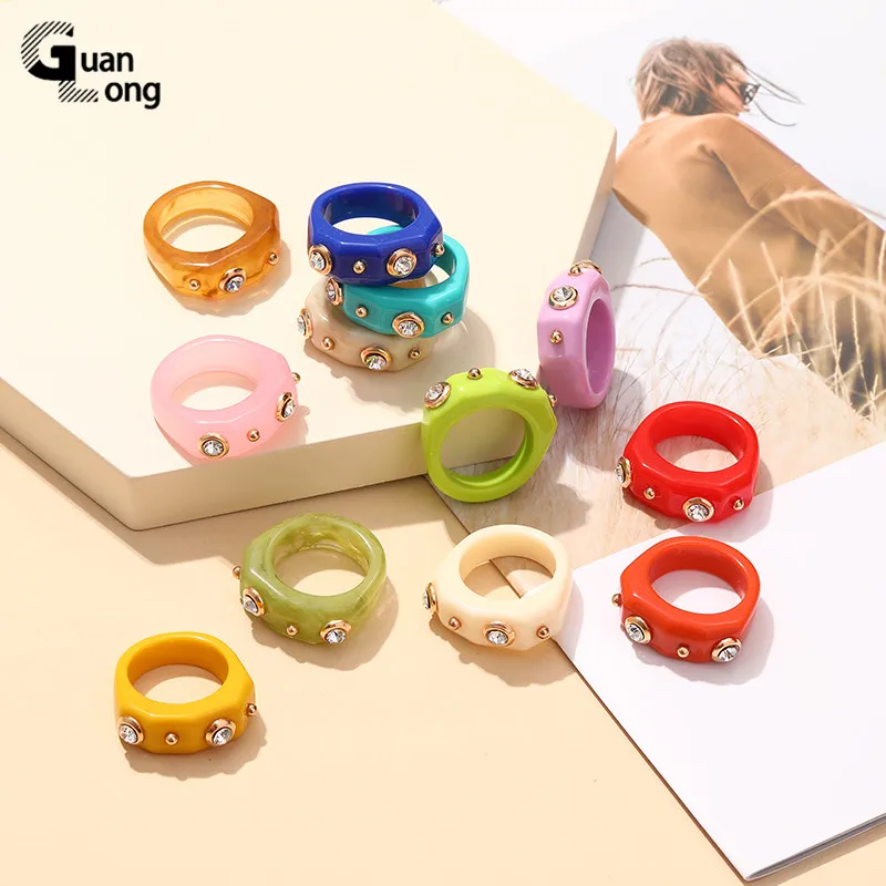 

GuanLong Geometric Colorful Finger Ring for Teen Girl Acrylic Minimalist Rhinestone Women's rings Multicolor Accessories