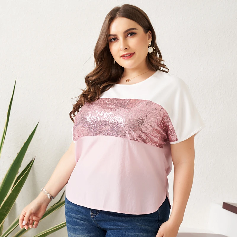 

Summer New Women's Plus Size Loose T-shirt 2022 Sequins Short Bat Sleeves O-neck Splicing Color Contras Sweet Crop Tops Clothing
