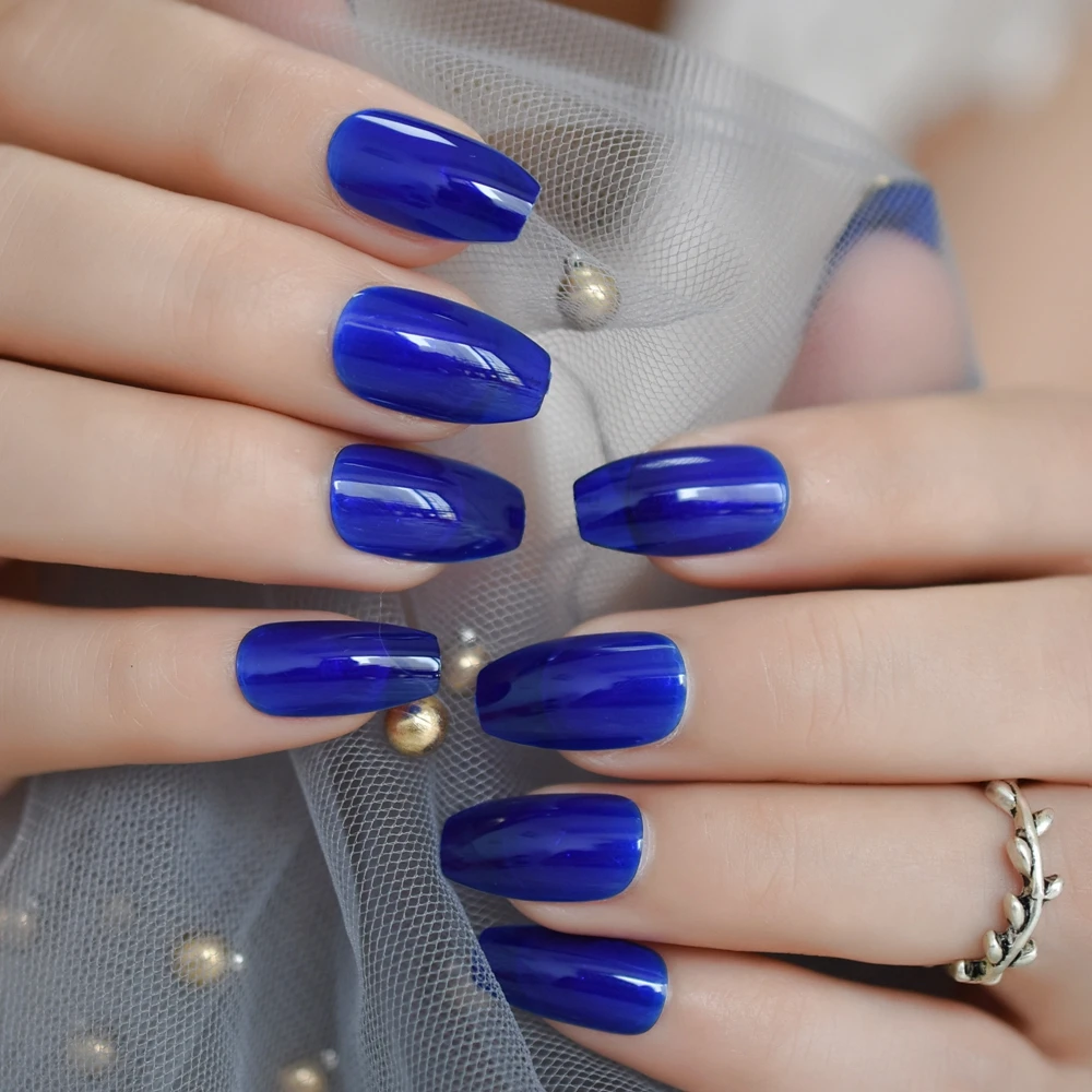 Глянцевый синий пресс на поддельные ногти гроб 24 шт УФ гель балерины накладные
