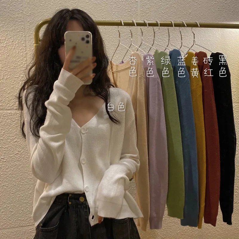 

Spring Autumn Fashion Women Cardigan Solid Color V-Neck Cardigan Female Long Sleeve Button Up Casual Wild Knitted Cardigan Tops