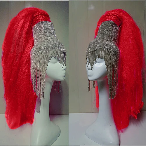 Red Wig Голографическая горящий человек блестящие стразы парик головной убор части головы рейв сценический танцор Dj певица одежда шляпа с кисточкой костюмы - Цвет: Red Wig