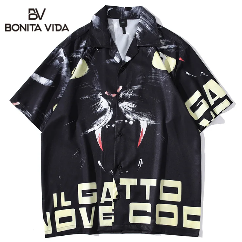 

Bonita Vida Fashion Hawaiian Shirts Harajuku Cat Print Hip Hop Beach Tropical Aloha Shirt Punk Rock Gothic Holiday Button Tops