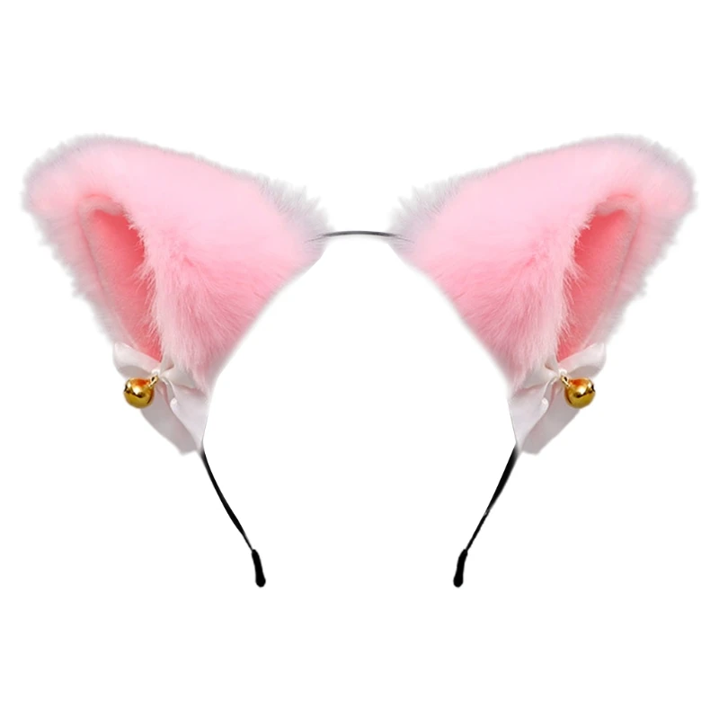 

Faux Fur Pink Kitten Ears Headband with Bowknot Bell Furry Plush Animal Cosplay Hair Hoop Lolita Kawaii Party Headpiece