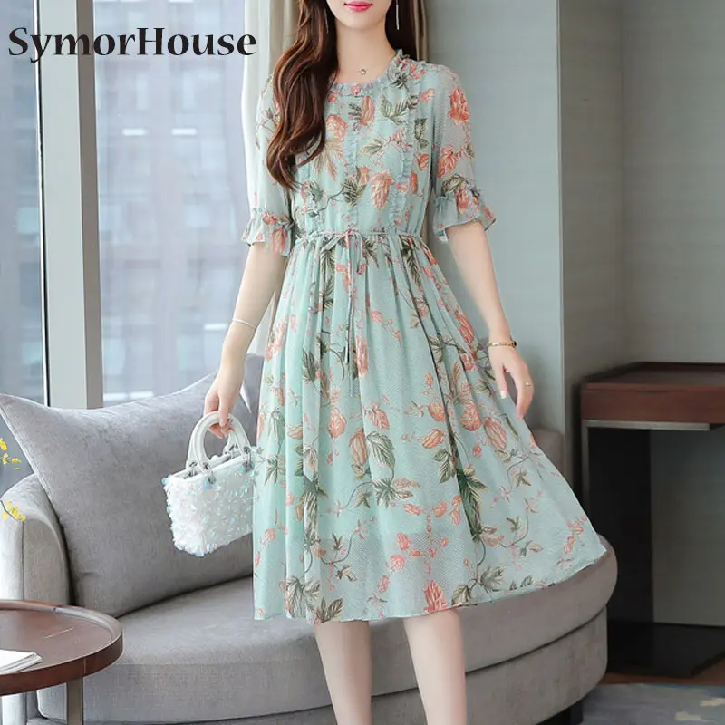 

Женское шифоновое платье-трапеция с коротким рукавом, круглым вырезом и цветочным принтом