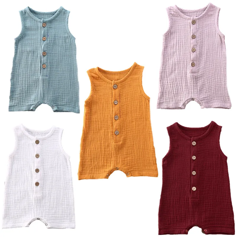 

Toddler Infant Baby Girls Boys Sleeveless Buttons Solid Color Romper Summer Cotton Linen Jumpsuit