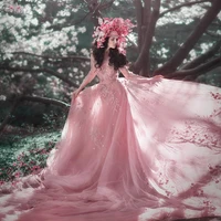 dusty rose dress for photo shoots rose 3d lace dress hand painted tulle dress very long train dresses floral print evening gowns