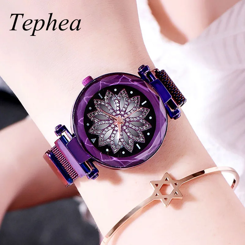 Женские часы с цветком сетчатая магнитная пряжка новинка 2019 модный бренд розовое