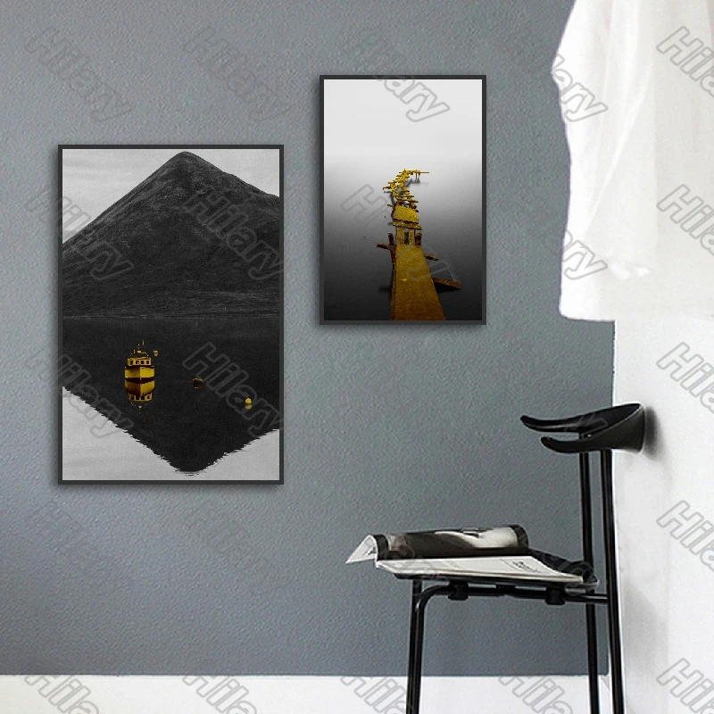 

Golden Wooden Boardwalk and Cabin Shape Posters Canvas Painting and Prints Wall Pictures Decoration for Living Room 3Pcs