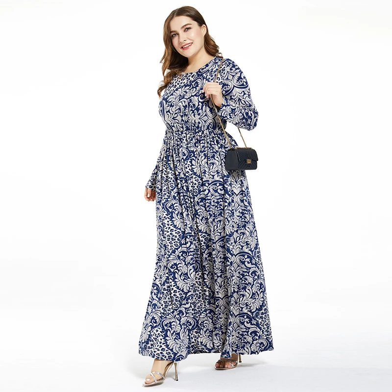 Новинка 2020 платье с принтом размера плюс круглым вырезом и длинным рукавом