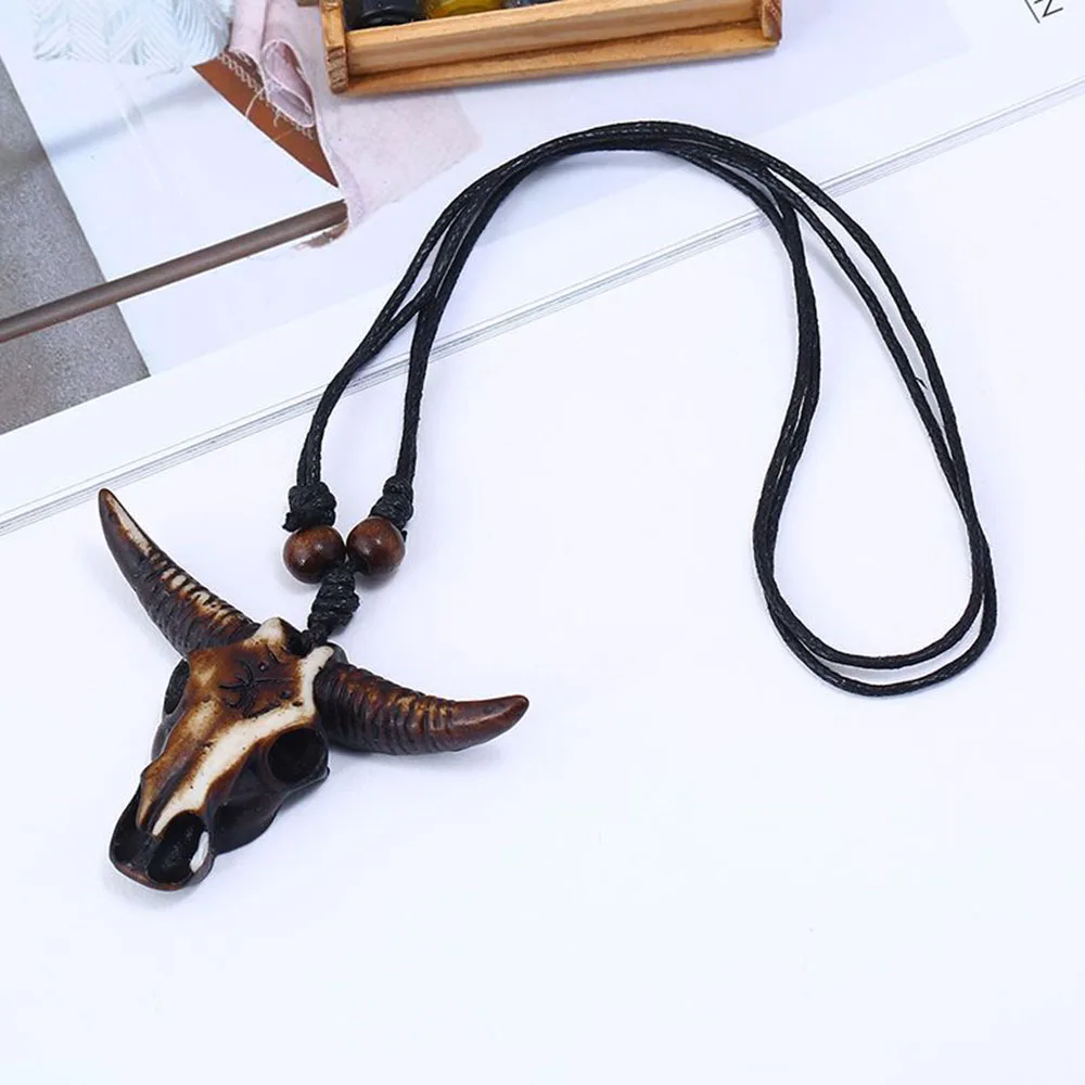 Retro Tribal Necklace Bull Skull Head Colar Pendant Resin Leather Ethnic For Men Fashion Jewelry Gift |