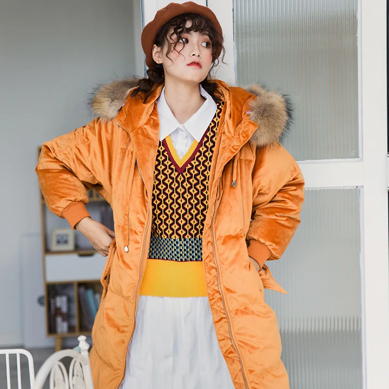 Модные Длинные пуховики с большим меховым воротником женские золотые бархатные