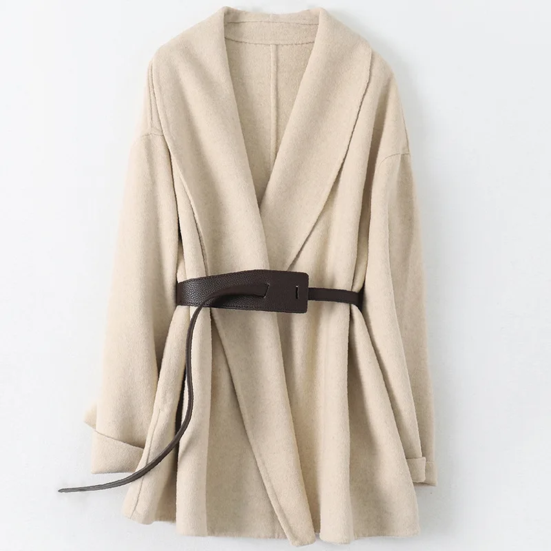 

Spring Fall Fashion New Wool Coat Classic Suit Collar Double-sided Woolen Jacket Women Belt Slim Mid-length Warm Overcoat Female