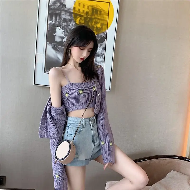 2019 Autumn Solid Knitted Cardigan Casual Lantern Sleeve Two Pieces Sweaters Single-Breasted Short Sweater Jacket |