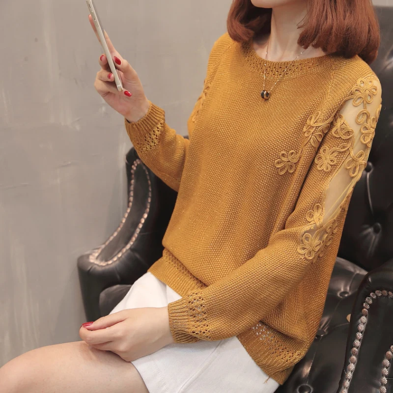 Camel yellow XL-XXXL, плюс размер, вязаный свободный свитер, Женская Осенняя зимняя одежда,, ажурная сетка, вязаный крючком, пэчворк, длинный рукав, Свободный Повседневный пуловер, L4016 - Цвет: Camel yellow