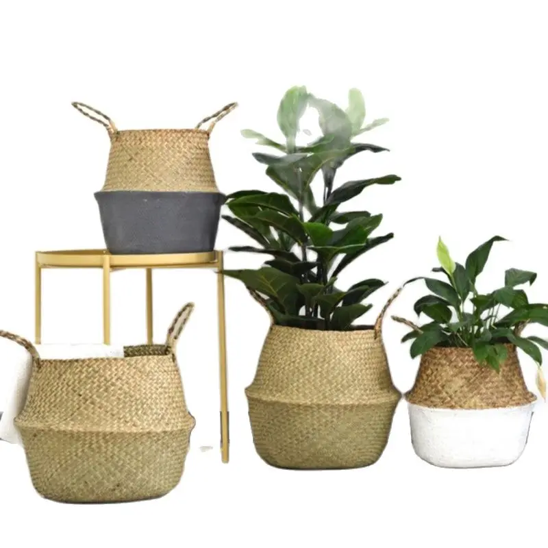 

Handmade Bamboo Storage Basket Folding Clothes Laundry Basket Straw Wicker Rattan Seagrass Belly Garden Flower Pot Plant Baskets