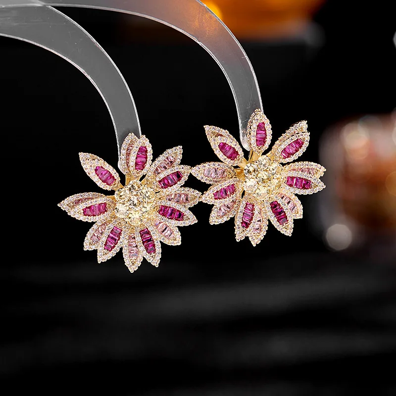 

Sweet Elegant Flower Stud Earings For Girls Romantic Luxury Wedding Jewelry Bridal Earrings Micro Pave Cubic Zirconia Earings