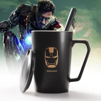 400ml super hero mugs iron man water cup coffee milk cup black fashion ceramic mug with lid and spoon cup gift