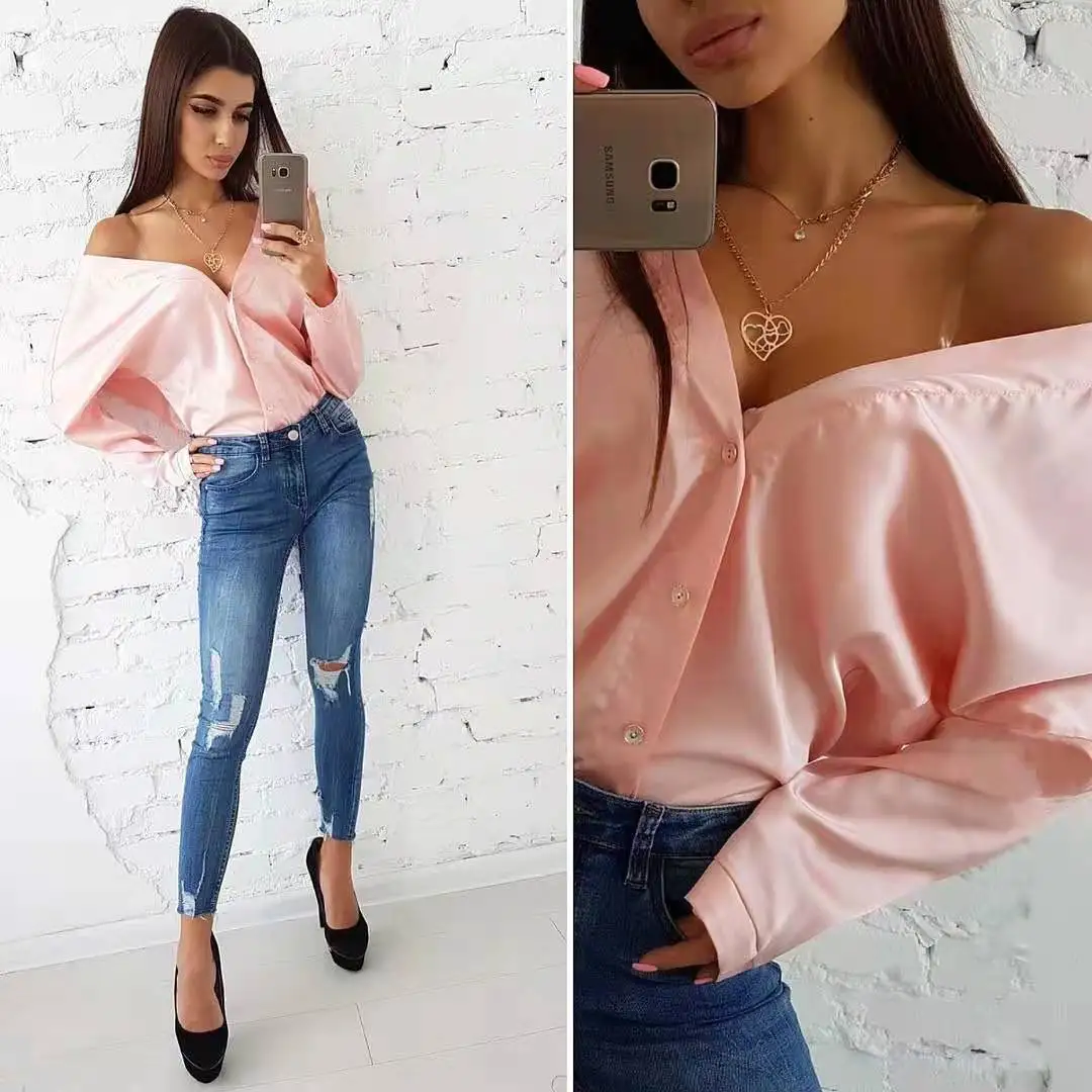 

New V-neck button long sleeve sexy top for women