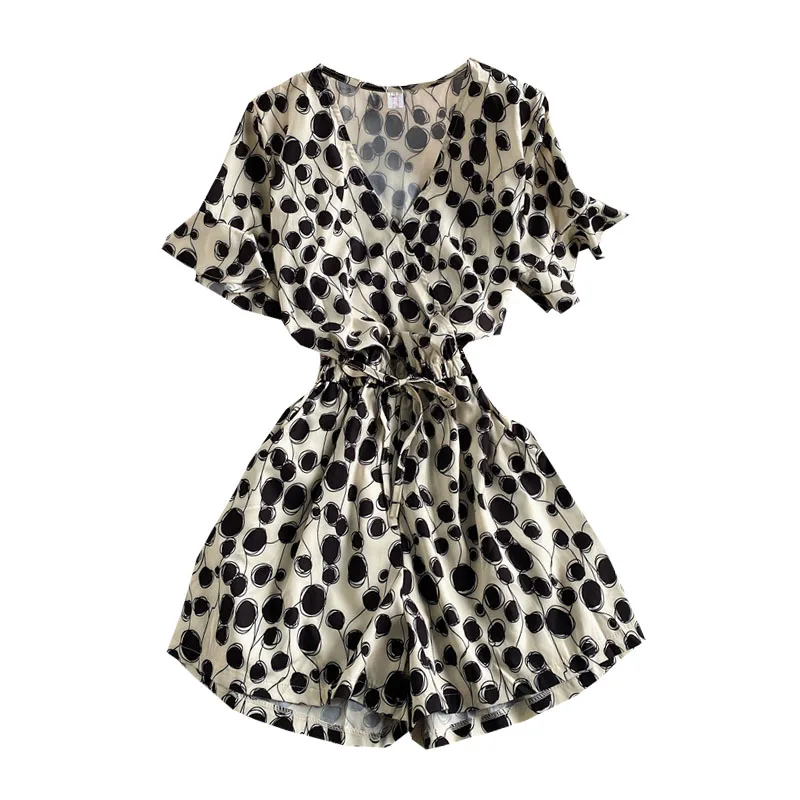 

Guilantu 2021 Summer Polka Dot Bandage Short Romper Women V Neck Short Sleeve Wide Leg Ropa Sexy Playsuits Female Jumpsuit