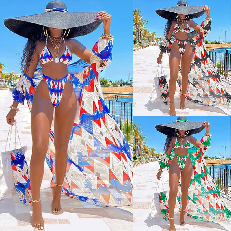

Beach Wear Print Bikini Swimwear Women Wrap Skirt Swimsuit High Waist 2021 Cover Up Sexy Sarong Plage Beach Wear Bathing Suit