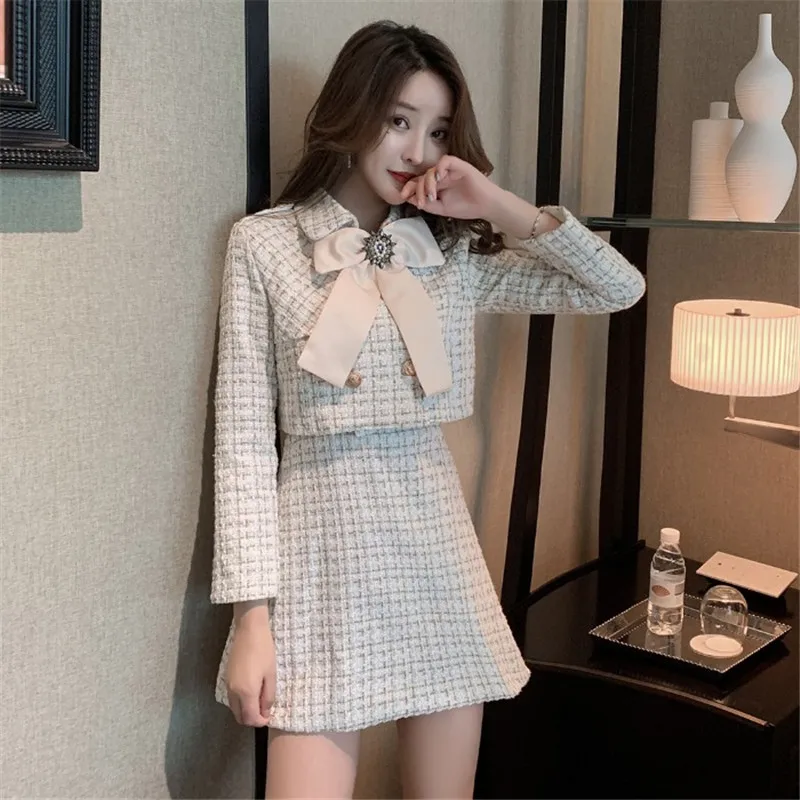 

Women Fashion Outfits Two Pieces Skirt Sets 2020 Spring Bowtie Tweed Jackets&Sleeveless Mini Dress Suits Chic 2 Piece Dress Sets