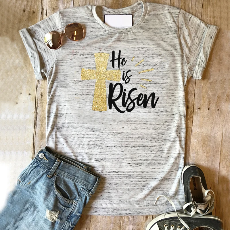 

Womens Christian Graphic Tees Women Harajuku Couple Clothes PrintHe Is Risen Tshirt Easter 2020 Cross Tee