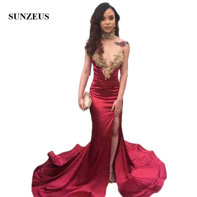 

Gold Appliques V Neck Sheath Prom Dresses Burgundy Satin Girls Graduation Party Gowns Long Leg Slit Formal Dresses