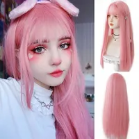 HOUYAN Long straight hair wig synthetic pink bangs Cosplay wig ladies synthetic bangs wig