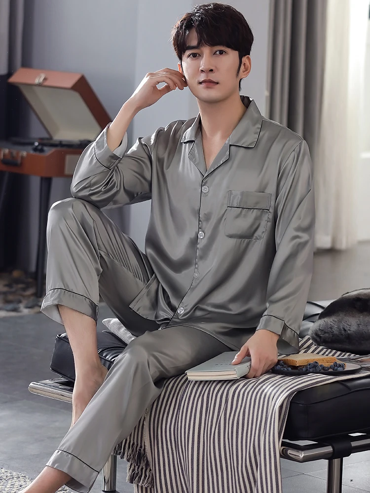New Large Size Men Pajamas Ice Silk Long Home Pants For Men Solid Blue 2 Pieces Sleepwear Spring Pjs Bedgown Grey Homme Pijamas