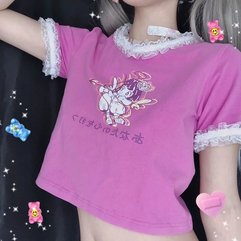 

Fernan Korean Style Kawaii Angel Print T Shirt Women Lace Crop Tops for Women Summer 2021 Fashion Anime Graphic Tee Soft Girl