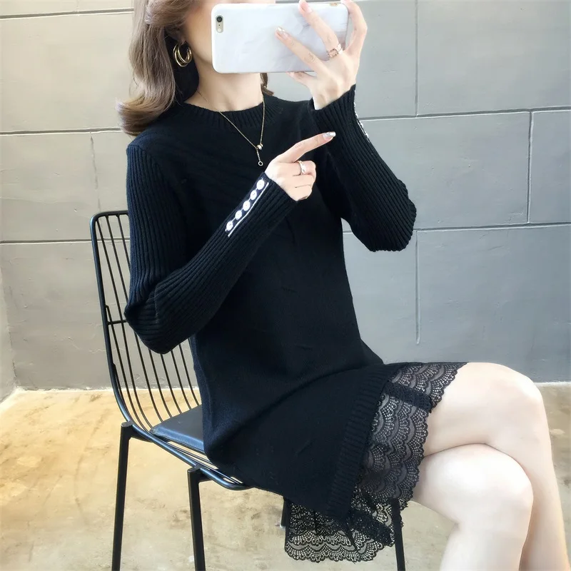 

5559 (№ 1 ряда на среднем здании) Облегающее вязаное женское платье средней длины с кружевным пуловером 54ff