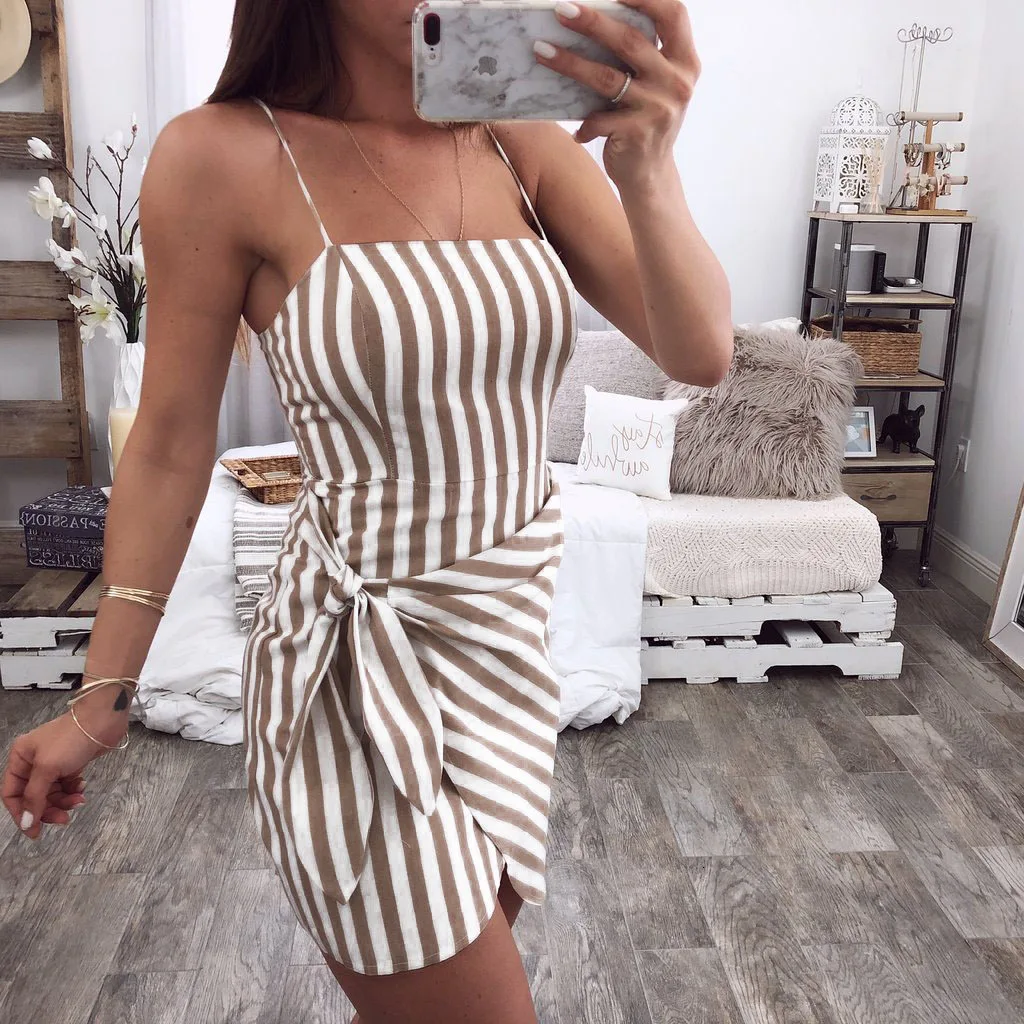 Striped Women Dresses Summer Bandage Bodycon Mini Dress Spaghetti Strap Strappy Backless Holiday Irregular Vestidos | Женская одежда