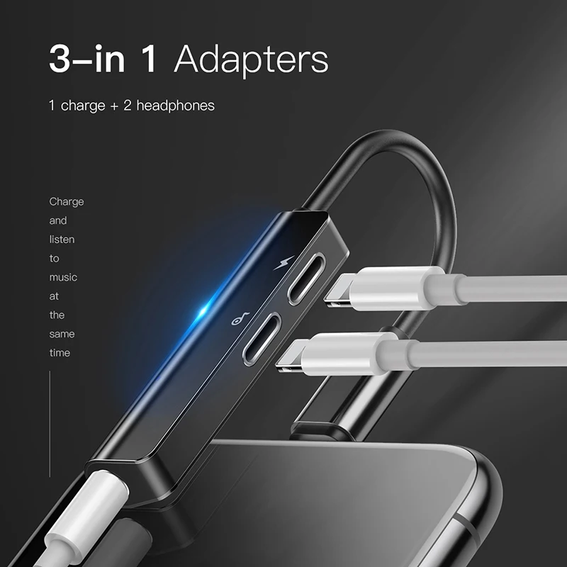 Baseus 3-in-1 Male to Dual & 3.5mm Female Adapter for iPhone L52 Fast Charging Portable Quick Charger Audio Adapter for iPhone