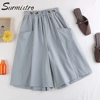 surmiitro fashion 2022 summer korean style wide leg capris women short pants high elastic waist shorts skirts female