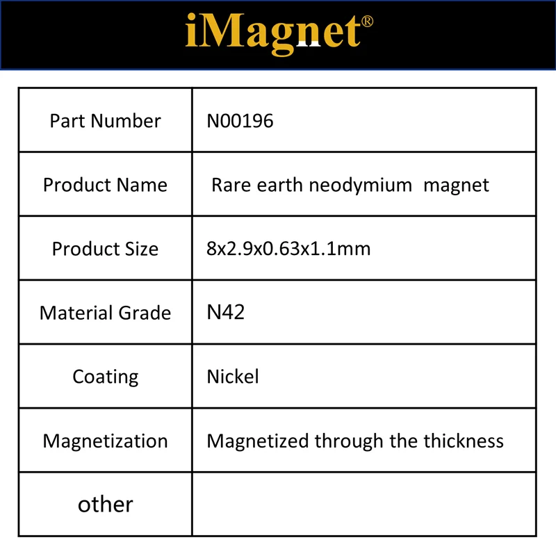 

N00196 30/100/200pcs N42 Block Rare Earth Neodymium Magnet,8x2.9x0.63x1.1M mm ,Cuboid Ndfeb Magnet