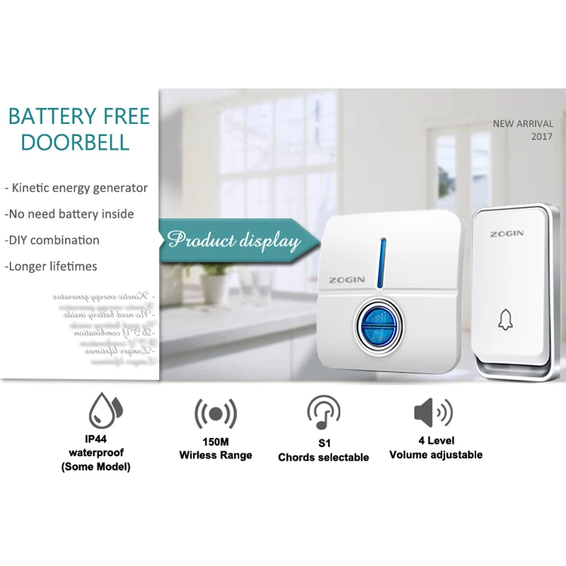 

ZOGIN Wireless Doorbell Led Light with 51 Chime Waterproof Push Button Receivers 150M Long Range for Home Security Eu Plug