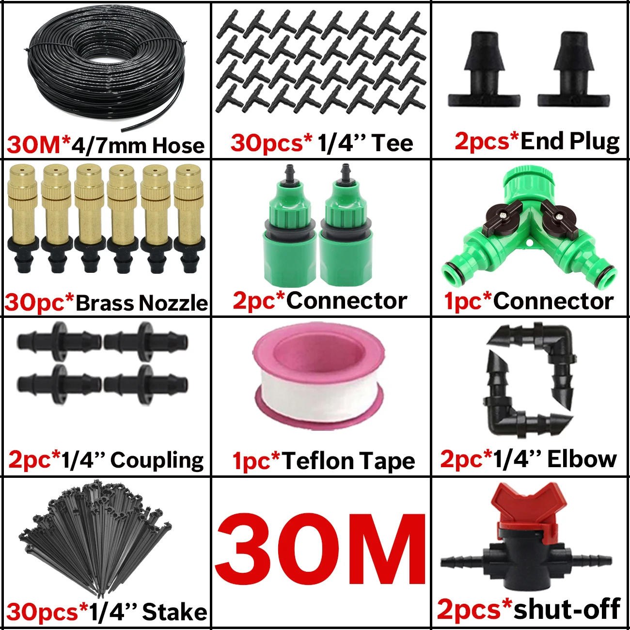30M Automatic Garden Watering Atomize Spray Misting System Watering Kit Micro Drip Irrigation Adjustable Brass Nozzle Greenhouse