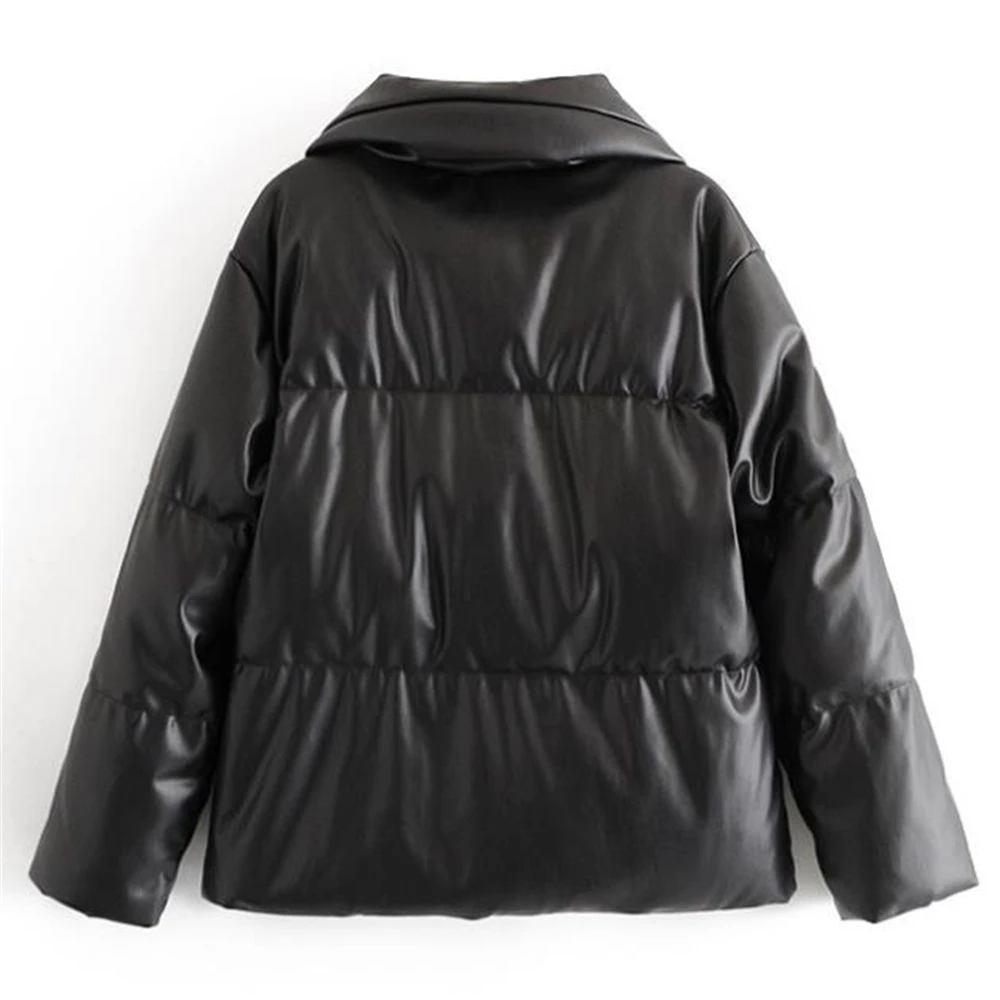 Women Fur Faux Leather Down Jacket Coat Hot Sale Buttons 2021 Winter Female Pu Turn Down Collar Warm Cotton Outerwear Overcoat