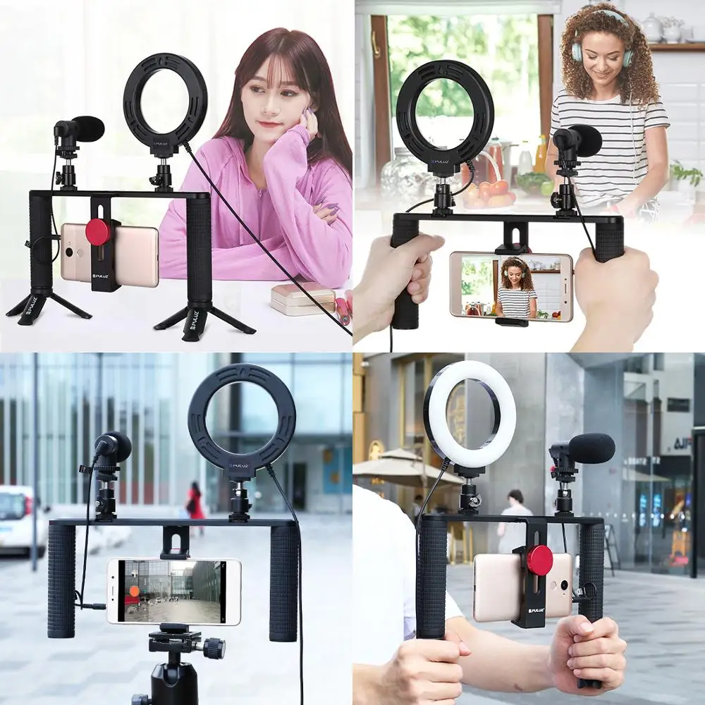 

PULUZ YouTube Vlogging Live Broadcast 4.6inch Ring LED Selfie Light Smartphone Video Rig Handle Stabilizer Aluminum Bracket Kit