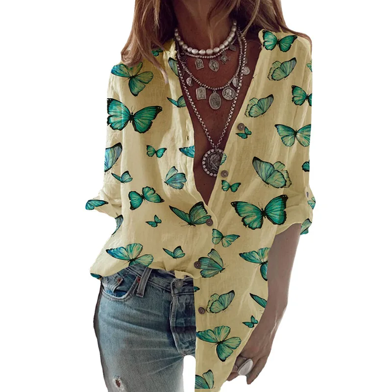 2021 Новая мода с принтом бабочки женские блузки длинным рукавом и v образным