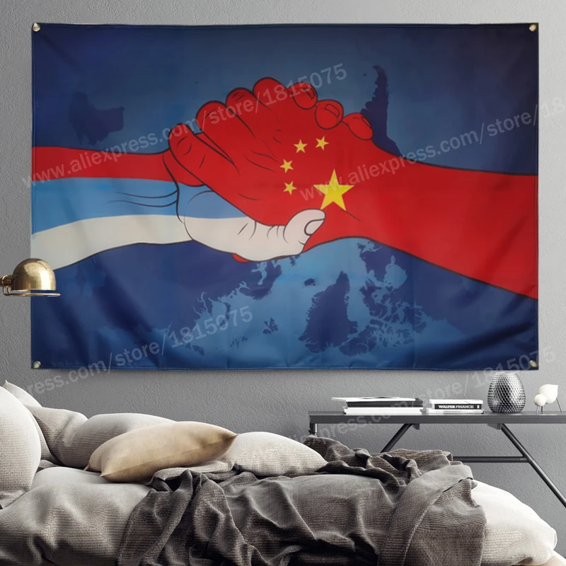 Friendship Flag Banner Polyester 96cm* 144cm Hang On The Wall 4 Grommets Custom Indoor China Russia Shake Hands | Дом и сад