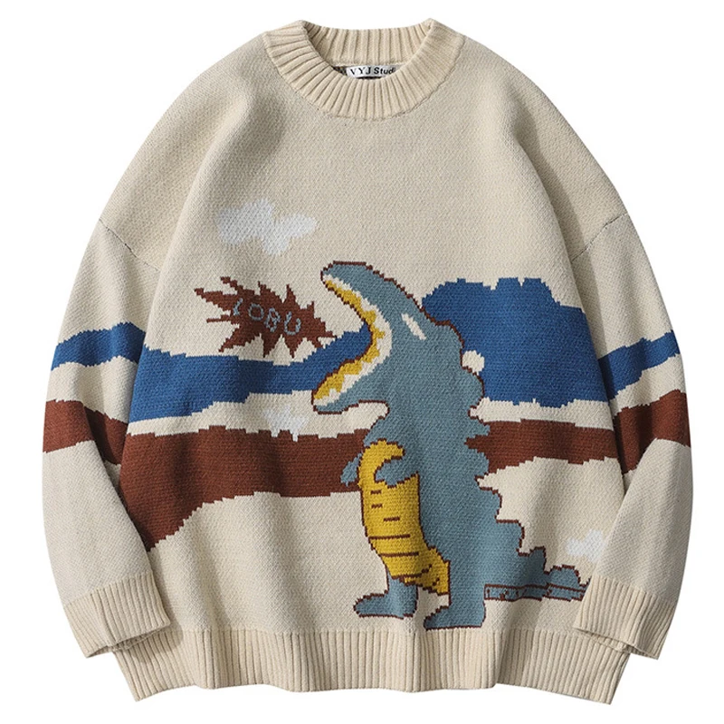 

Fashion Loose Knitted Sweaters Pullover Men Streetwear Cartoon Dinosaur Print Jumpers Sweater Harajuku Men Women Casual Knitwear